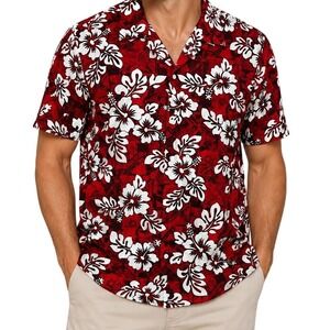 RJC Red White Hibiscus‎ Floral Hawaiian Shirt Men's Large